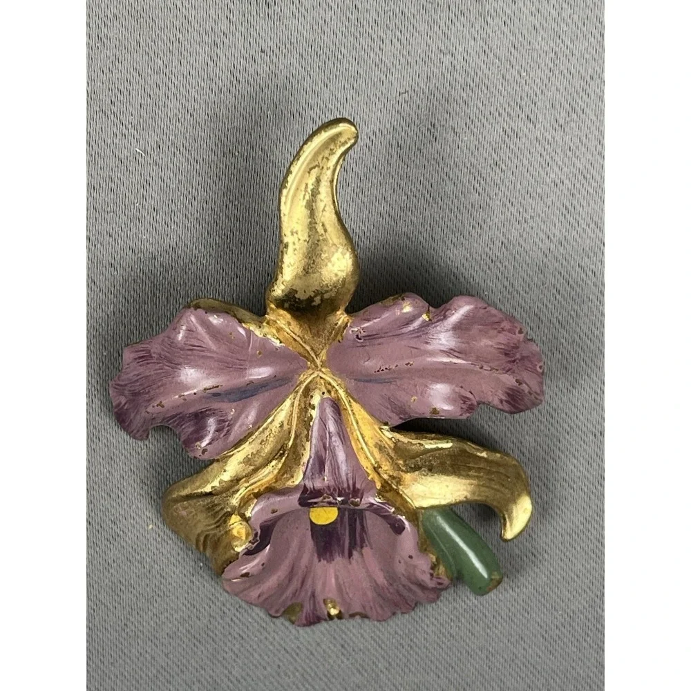 Vintage‎ Orchid Brooch Purple Gold-Tone 1950s Flower Pin Corsage Brooch Painted